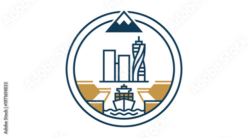 Corporate Logo Featuring Cityscape and Shipping