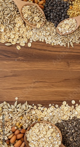 A variety of healthy cereal grains spread out on a wooden surface, forming a natural border around a large blank center space for text, kernel, food, agriculture