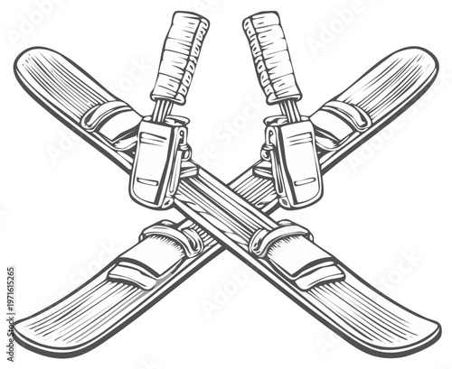 Crossed skis with poles in detailed sketch style for winter sport activities