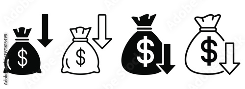 Four money bags with dollar signs and downward arrows indicating financial decrease