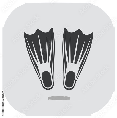Silhouette illustration of a pair of flippers for scuba diving or snorkeling against a gray background.