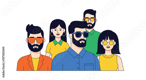 Vector illustration of a happy family of four featuring a business woman and businessman in suits with a child and character avatars wearing glasses