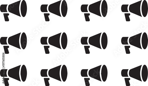 Repeating pattern of black megaphone icons representing marketing communications public announcements and advertising broadcasting tools art