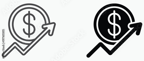 Dollar coin money with growth arrow symbol, financial growth and investment success illustration icon vector, upward profit trend and wealth accumulation concept, economic development and currency 
