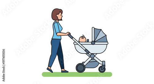 A young mother pushing a baby carriage and walking with a small boy while a delivery person works nearby represents a busy day of household chores and outdoor activity