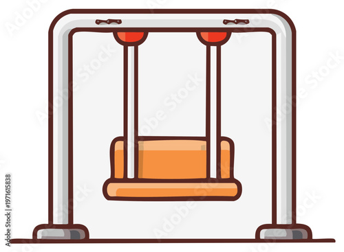 Illustration of a playground swing with a metal frame, orange seat, and rope supports, cartoon style, childhood nostalgia.