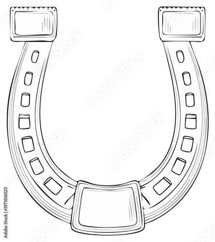 Black and white hand drawn sketch of a stylized horseshoe luck symbol