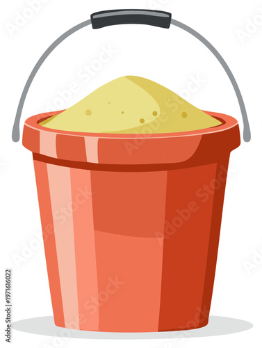 A red bucket filled with sand and a metal handle for carrying.