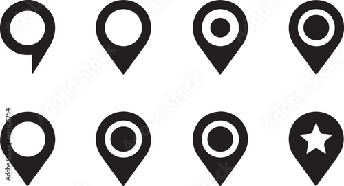 Set of location pin icons showing map markers with various shapes and styles for digital navigation interface designs on white background