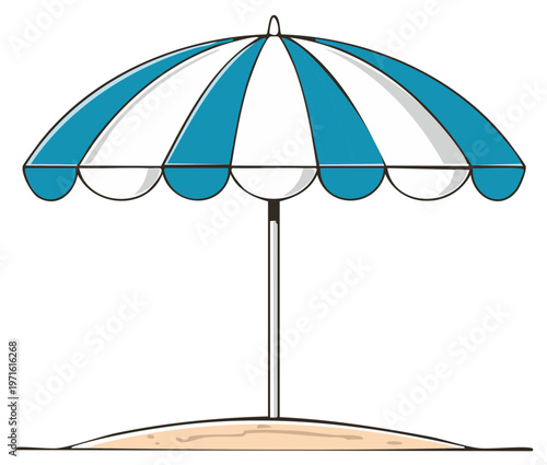 Illustration of a striped beach umbrella providing shade on a sandy shore