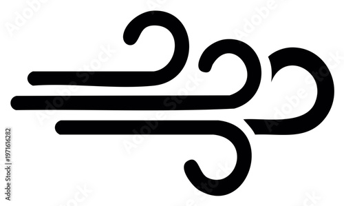 Blowing wind icon, a simple flat black weather symbol representing a gust of air