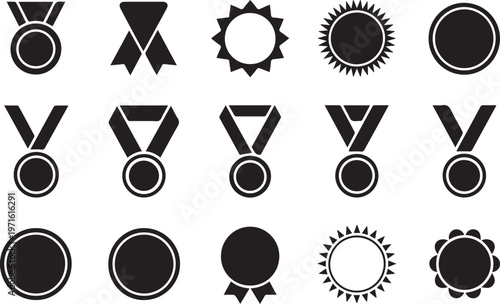 Set of various award medal icons and ribbon badges featuring star and circular shapes for recognizing success and victory in competitions