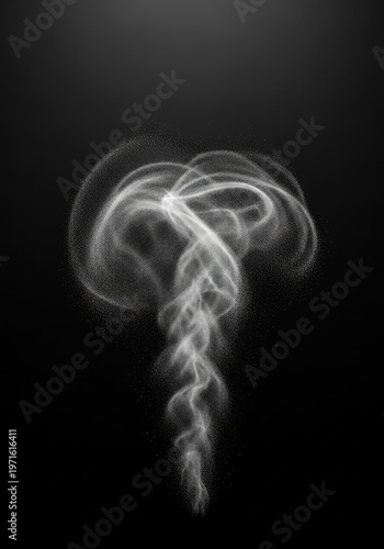 Delicate swirls of fine white mist dissipating quickly into a vast, empty monochrome background, representing fleeting moments and impermanence, motion, absence, oblivion