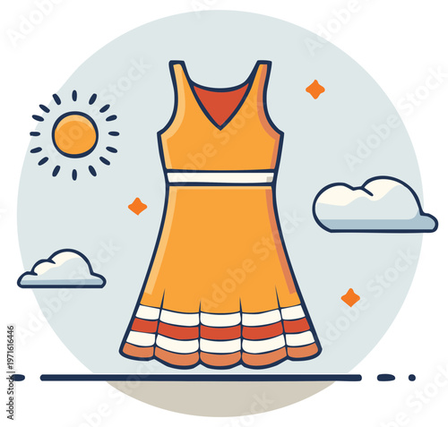 Summer dress illustration, cartoon style, sunny weather, cloud background.