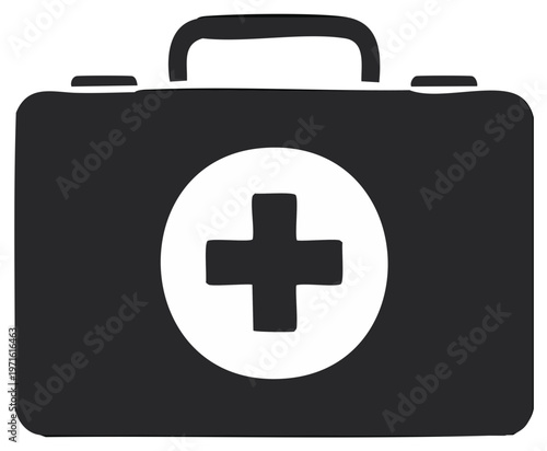 Medical first aid kit vector illustration, black and white emergency case with cross symbol