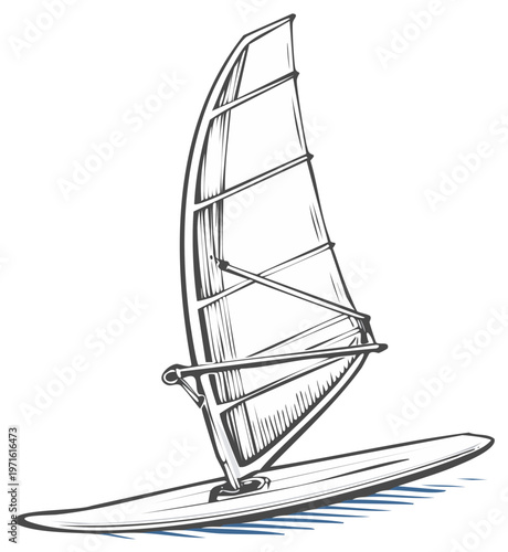 Windsurf board graphic sketch. Summer watersport adventure. Water sailing drawn vintage style