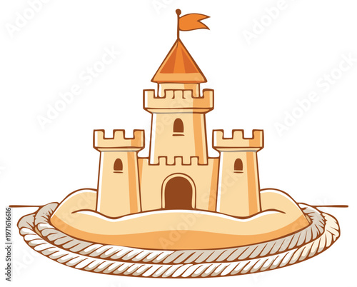 Stylized sandcastle with multiple towers flag and decorative rope for summer beach fun