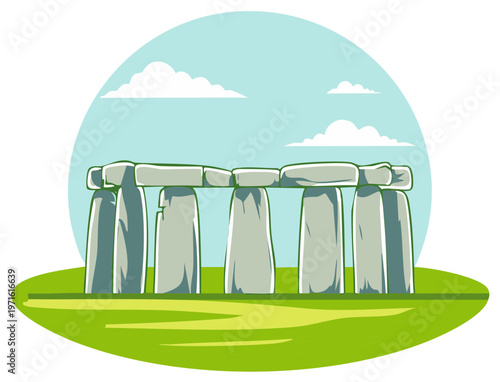 Vector illustration of the Stonehenge prehistoric monument on a green field
