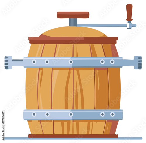 Traditional wooden barrel style press with a crank handle used for making fresh juice or cider