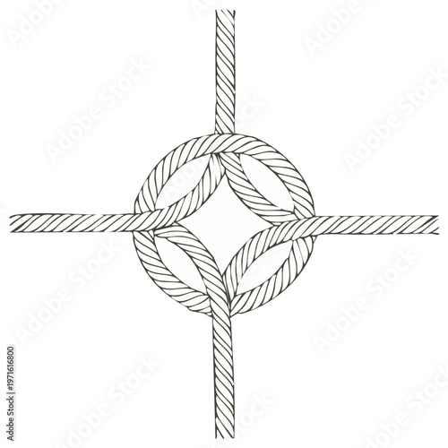 Hand drawn illustration of a symmetrical interwoven rope knot forming a cross shape