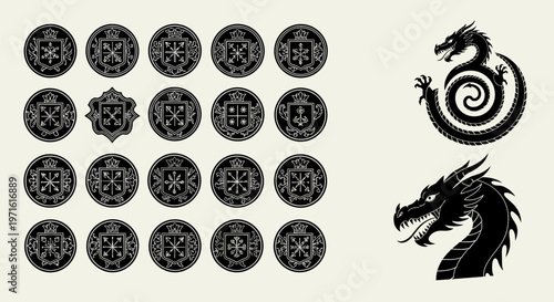 Black dragon symbols and circular patterns.