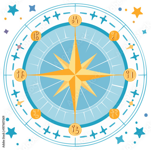 Illustration of a cartoonish navigation compass with stars and decorative details