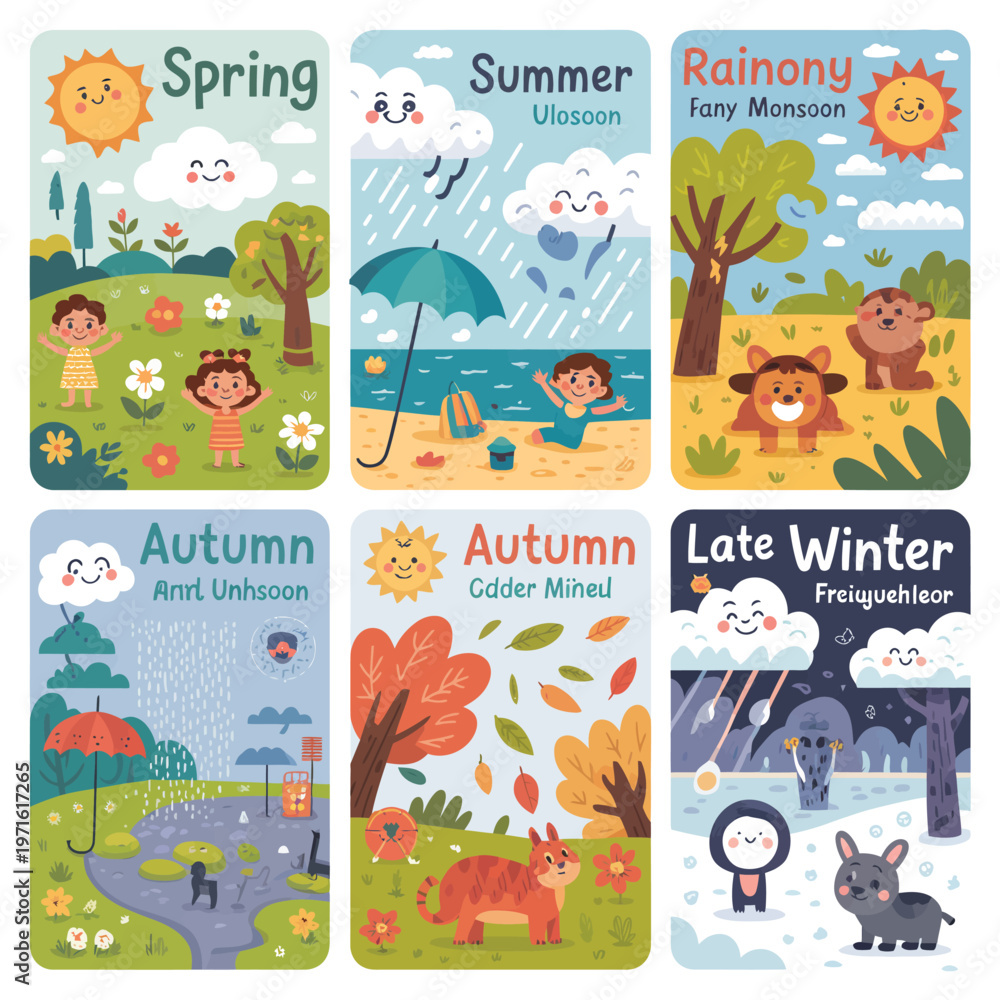 Naklejka premium Six Seasons Educational Cartoon Set for Kids – Cute Weather and Nature Learning Illustrations