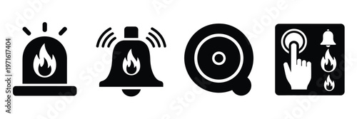 Fire alarm sign emergency alert symbol safety warning fire protection icon set, fire emergency notification and evacuation warning symbols, safety alarm and hazard alert concept, fire protection 
