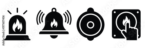 Fire alarm sign emergency alert symbol safety warning fire protection icon set, emergency evacuation and danger notification indicator, fire safety alarm system