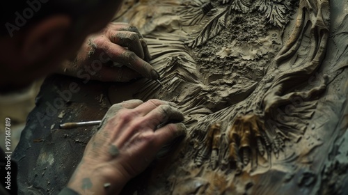 Artist sculpting detailed wood relief with precision