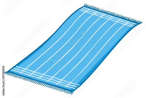 Cartoon illustration of a light blue striped beach towel with fringe, a summer vacation and sunbathing accessory
