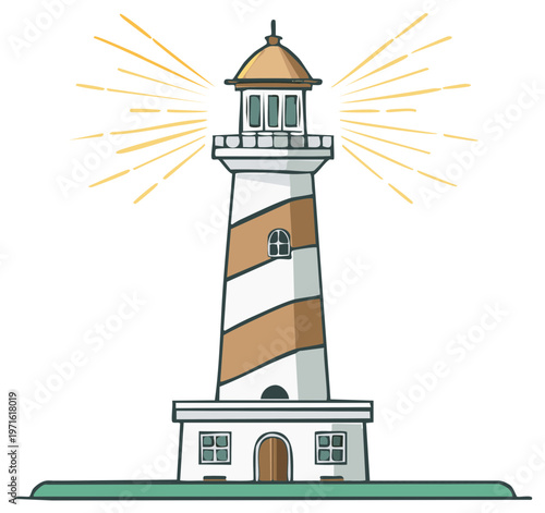 Classic striped lighthouse emitting bright rays of light symbolizing guidance and safety at sea