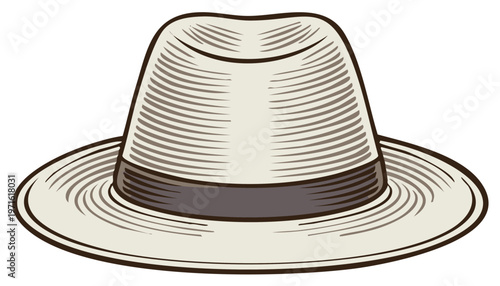 Vintage illustration of a classic straw fedora hat, elegant headwear.