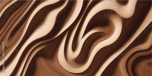 A seamless dark chocolate background features a flowing liquid texture of melted cocoa and cream swirls with a smooth satin wave design