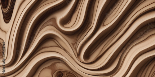 A smooth chocolate brown wood texture background features a wavy liquid flow design with golden silk patterns and a satin material finish