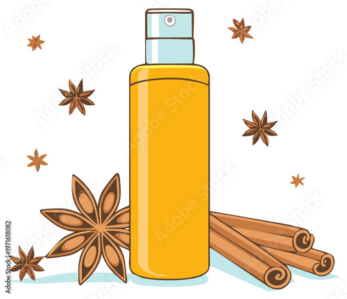 Perfume bottle with star anise and cinnamon sticks illustration