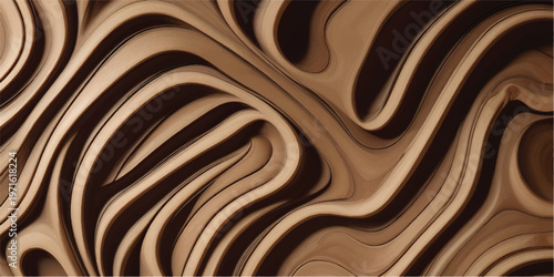 Elegant brown chocolate abstract background texture featuring wavy golden liquid patterns with a metallic silk flow and satin fabric design