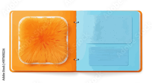 Flat illustration of an orange and blue plastic packaging design with rectangular shapes and white background