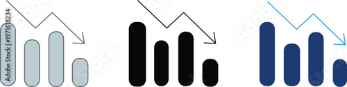 Decreasing bar chart vector icons with downward arrow, symbolizing financial loss, market downturn, recession, and crisis.