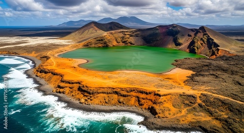 Aerial view, volcanic landscape, green lake, rugged coastline, natural wonder