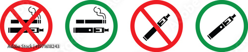 No smoking and no vaping signs vector icons, prohibition and permission symbols for cigarettes and electronic vapes.