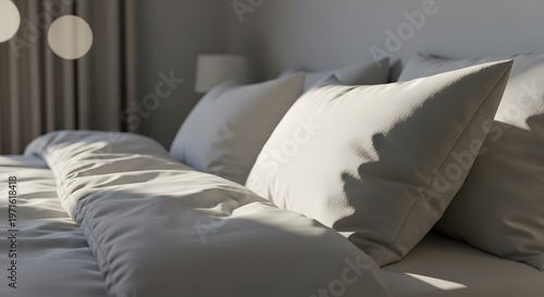 Close up of soft white pillows on a bed with morning sunlight shadows. Concept of cozy home comfort and peaceful rest.
