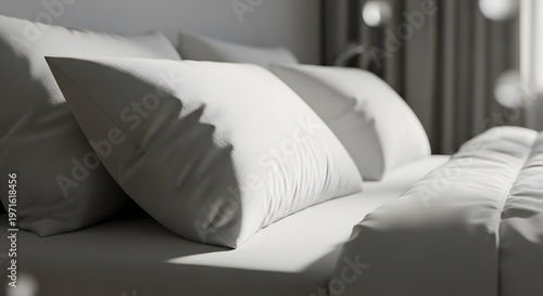Close up of soft white pillows on a bed with morning sunlight shadows. Concept of cozy home comfort and peaceful rest.
