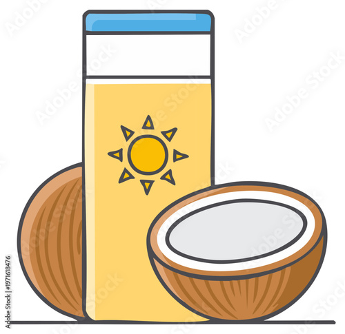 Summer sun protection lotion with sunscreen and coconut halves for tan healthy skin
