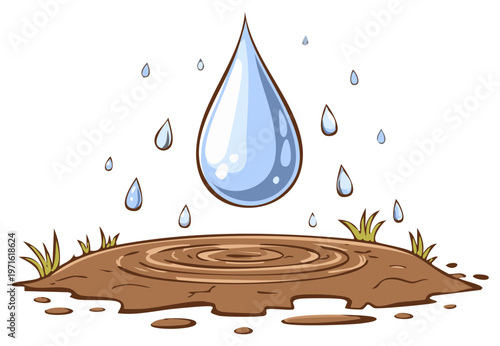 Cartoon of water droplet falling into muddy puddle