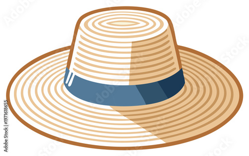 Stylish Straw Hat with Blue Band Summer Sun Protection Headwear Icon