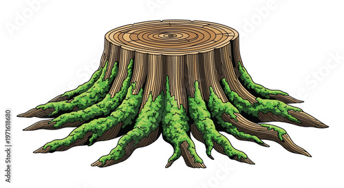 Cartoon illustration of a tree stump with visible roots and moss