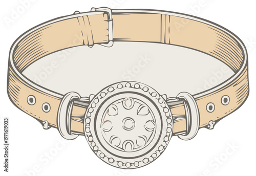 Leather Belt with Ornamental Buckle Fashion Accessory Vintage Design Hand Drawn