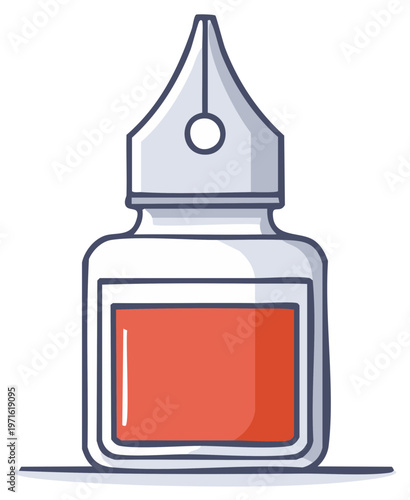 Doodle style illustration of a fountain pen nib resting on an ink bottle filled with red ink