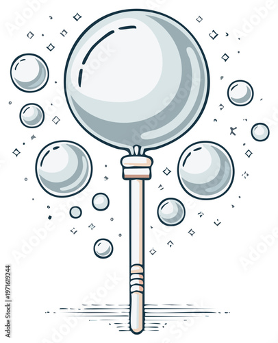 Whimsical bubble wand with shiny bubbles floating abstract illustration art